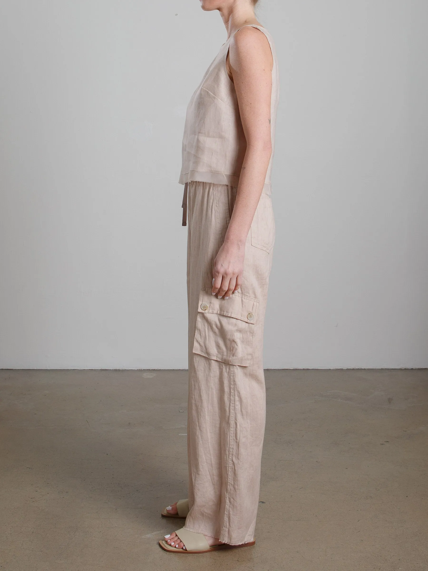 Mason Cargo Pant in French Linen - Nude