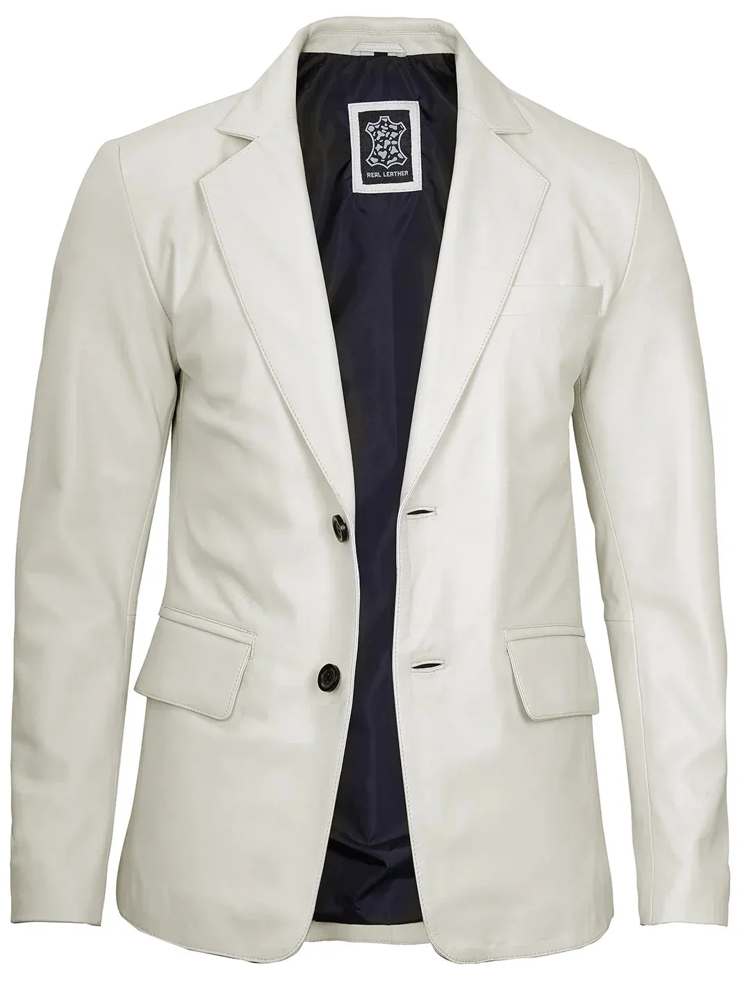 Mens Two Buttons Off White Leather Blazer