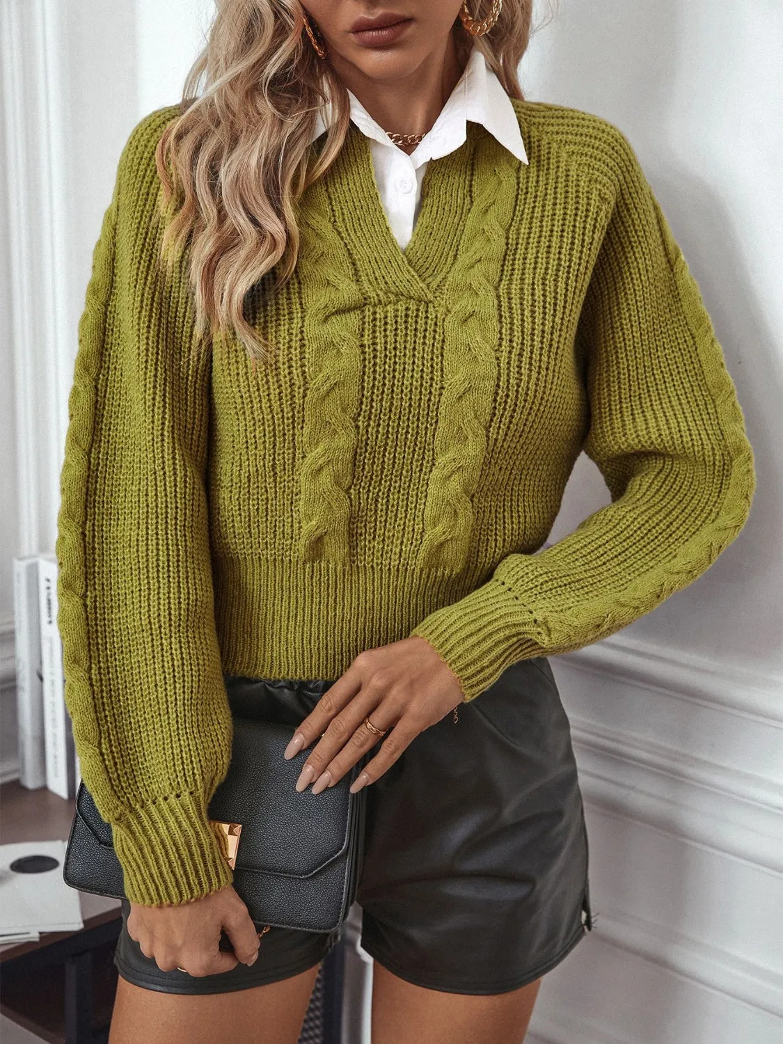 Mia Cable-Knit Collared Neck Faux Layered Sweater | 2 Colors | Poundton