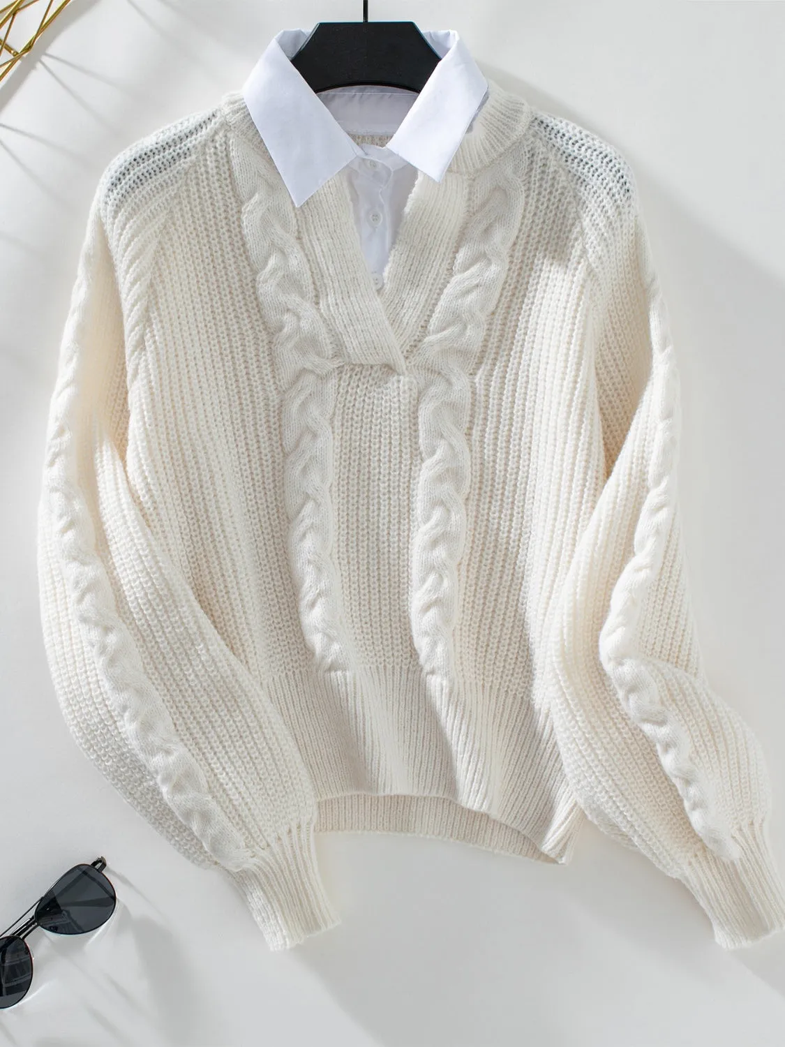 Mia Cable-Knit Collared Neck Faux Layered Sweater | 2 Colors | Poundton