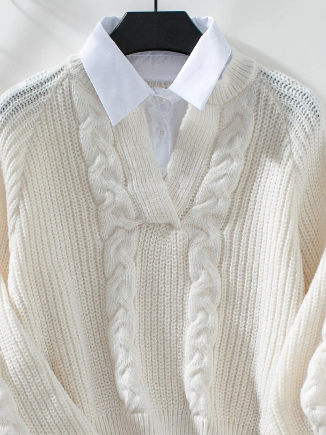 Mia Cable-Knit Collared Neck Faux Layered Sweater | 2 Colors | Poundton