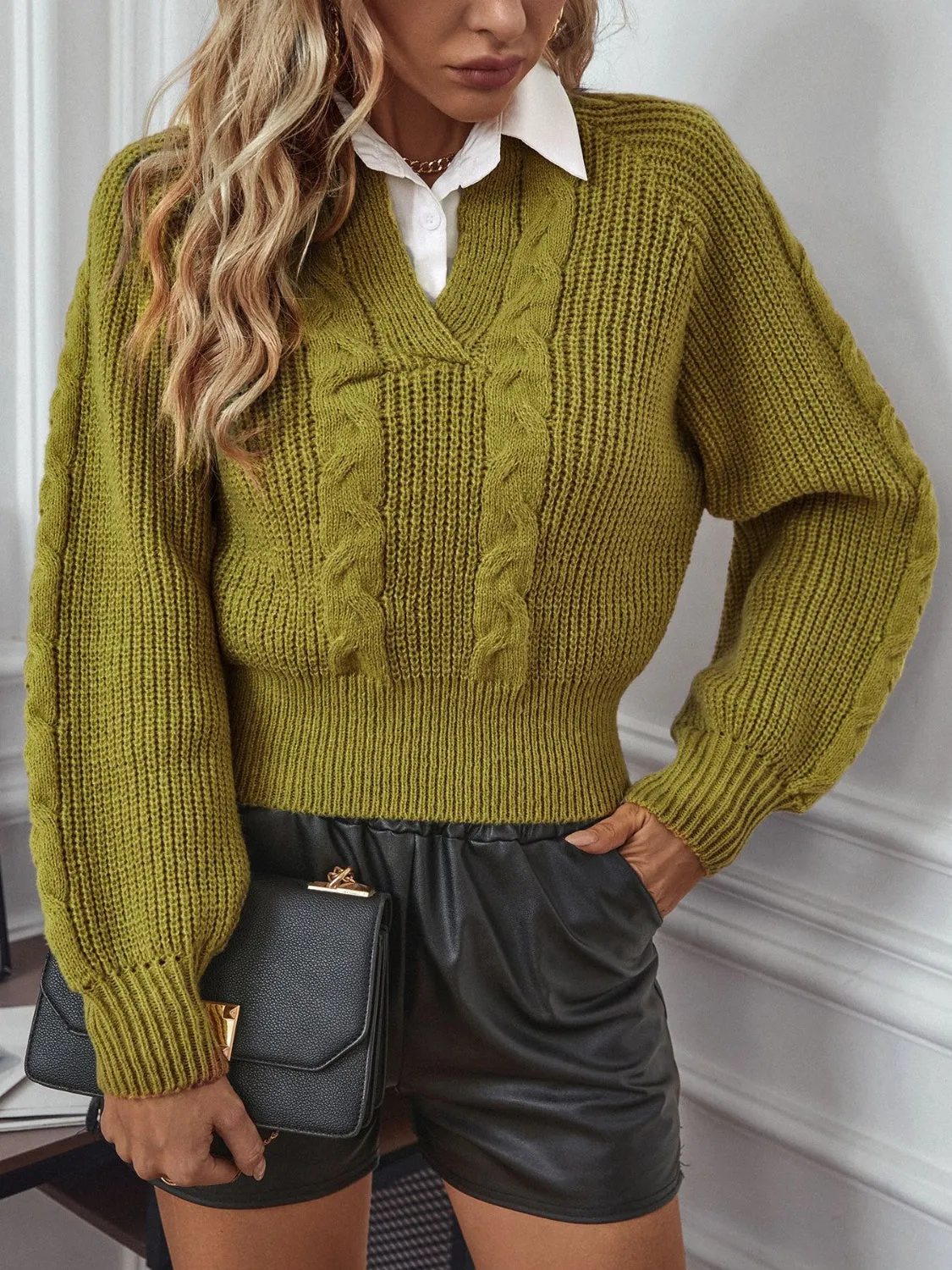 Mia Cable-Knit Collared Neck Faux Layered Sweater | 2 Colors | Poundton
