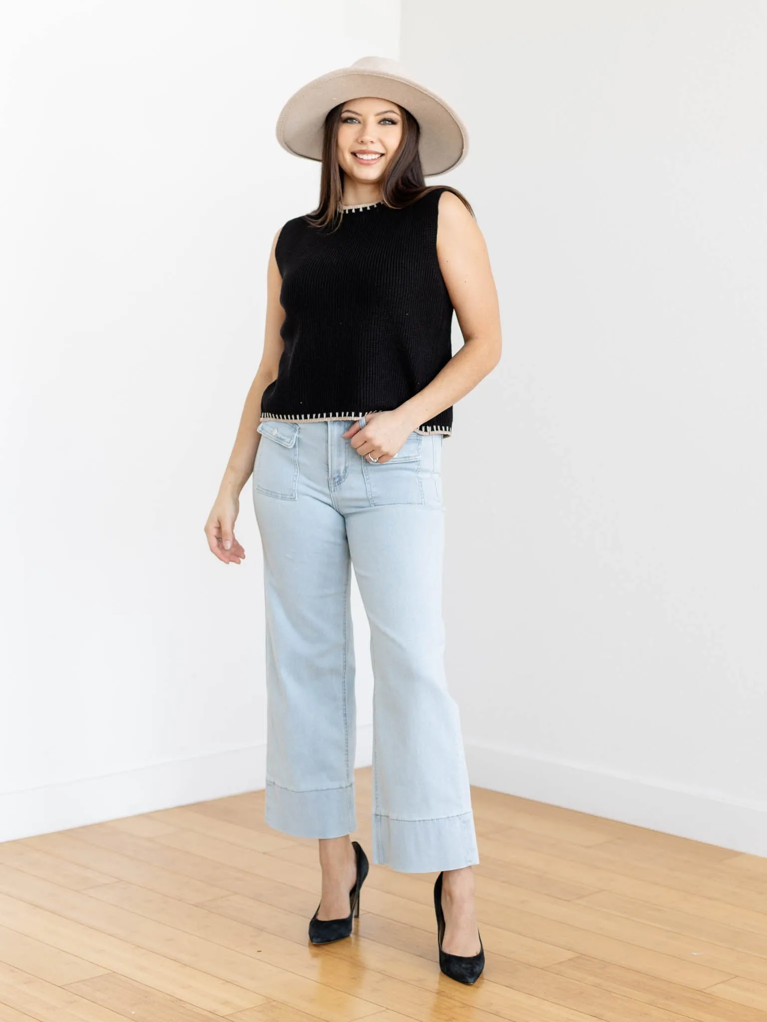 MICA Light Blue Grey High Rise Cropped Patch Pocket Wide Leg