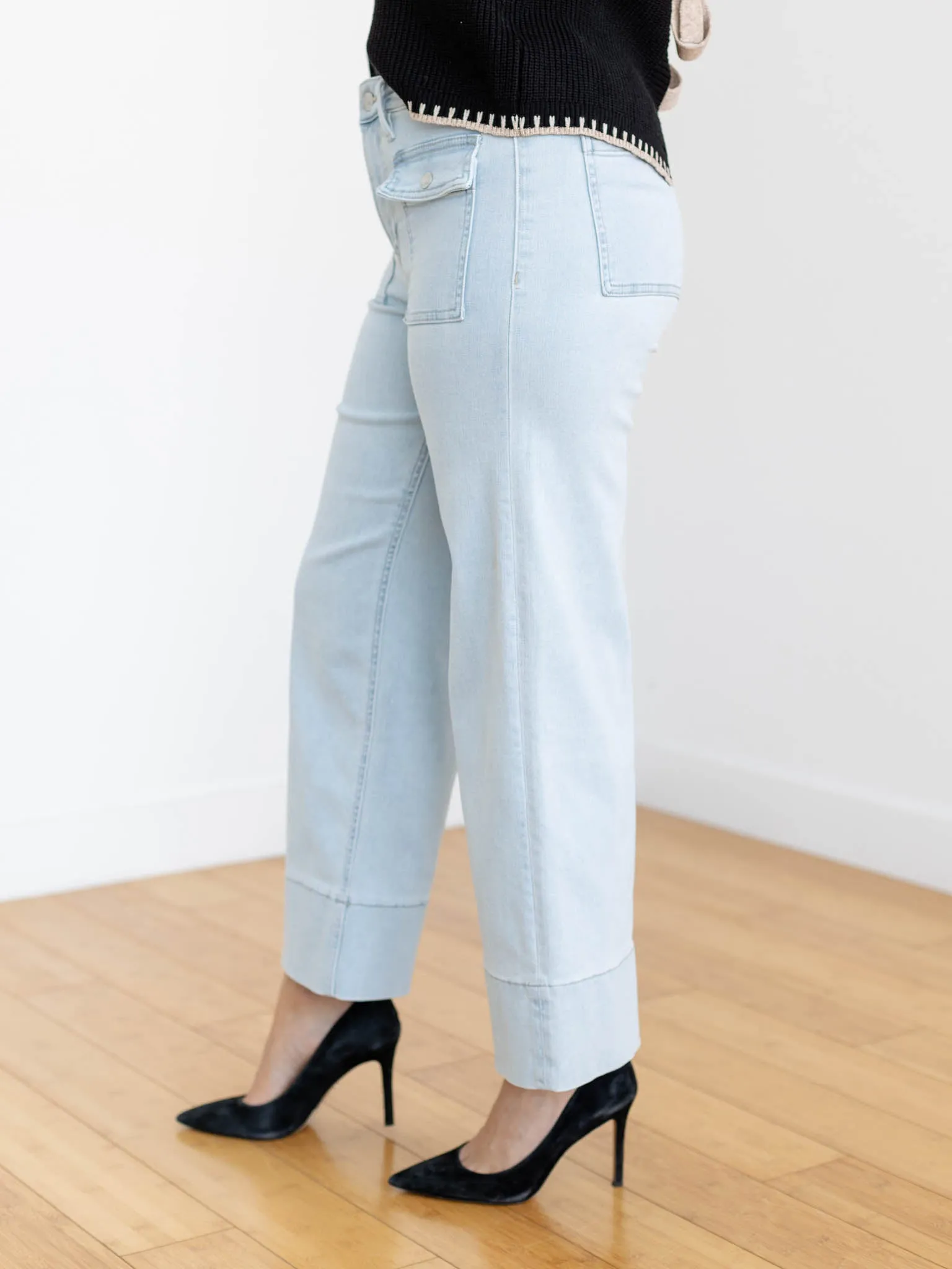 MICA Light Blue Grey High Rise Cropped Patch Pocket Wide Leg