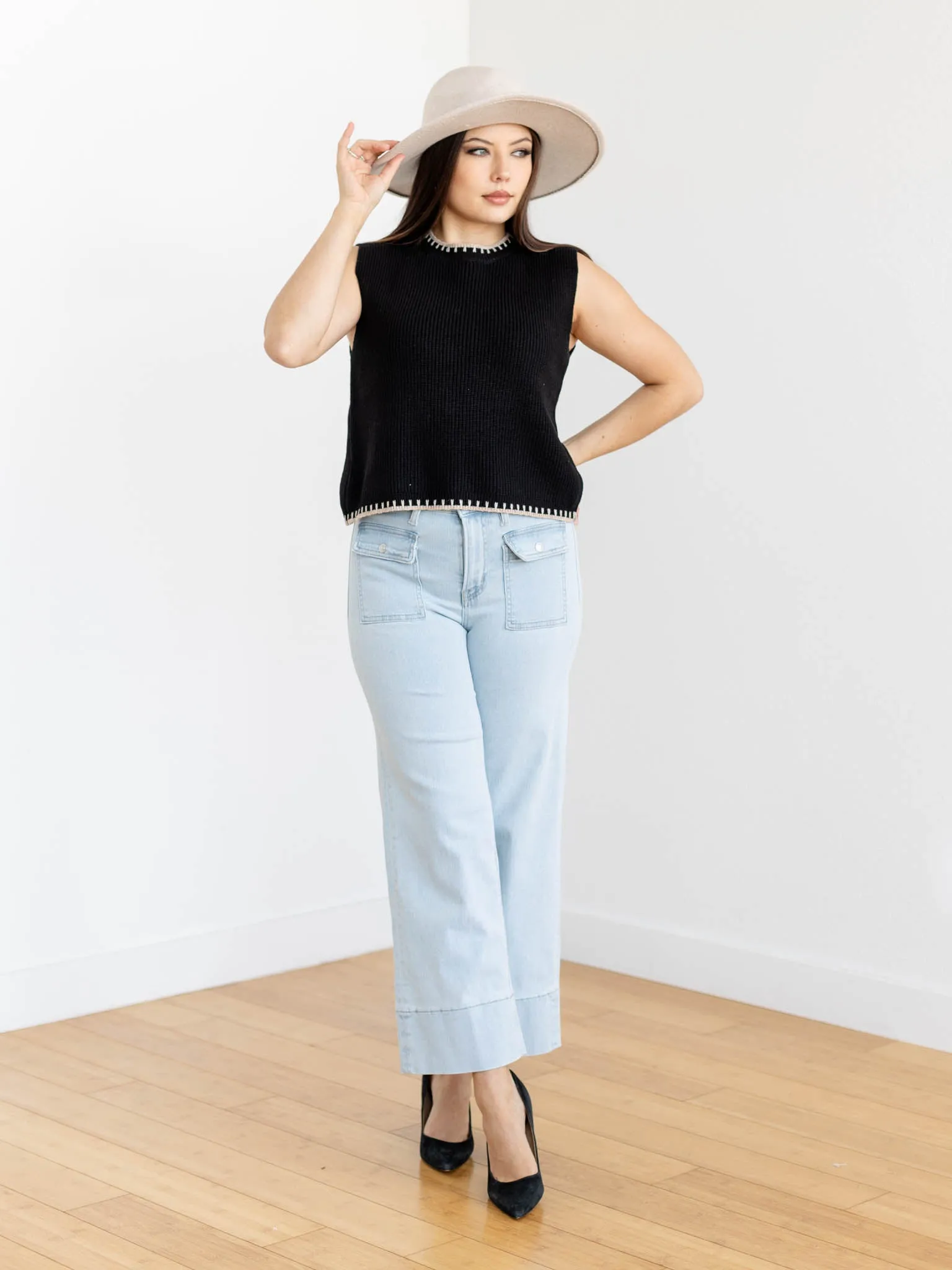 MICA Light Blue Grey High Rise Cropped Patch Pocket Wide Leg