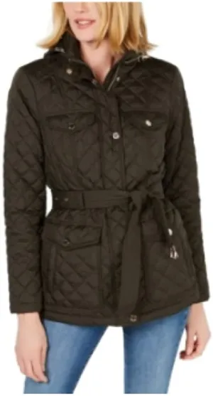 Michael Michael Kors Women's Dark Moss Belted Quilted Coat, Size Small