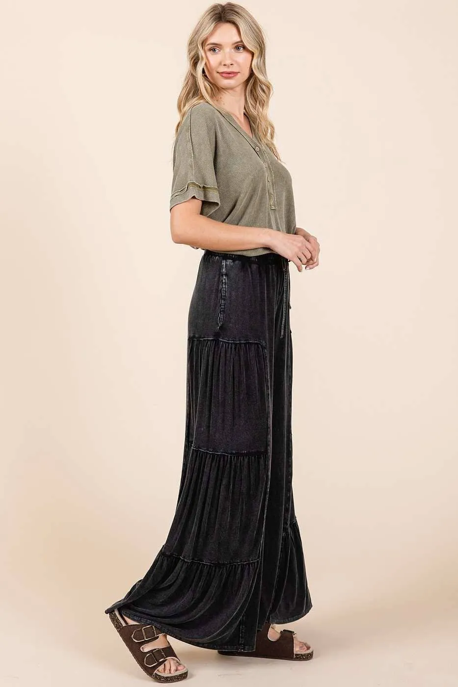 MINERAL WASH TIERED WIDE LEG ELASTIC WAIST PANTS