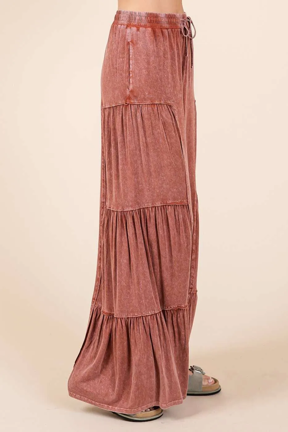 MINERAL WASH TIERED WIDE LEG ELASTIC WAIST PANTS
