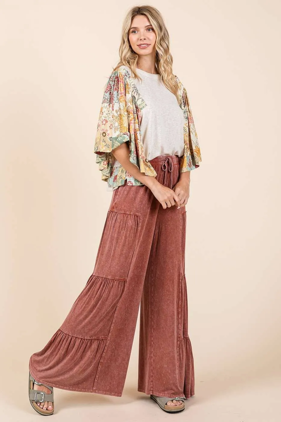 MINERAL WASH TIERED WIDE LEG ELASTIC WAIST PANTS