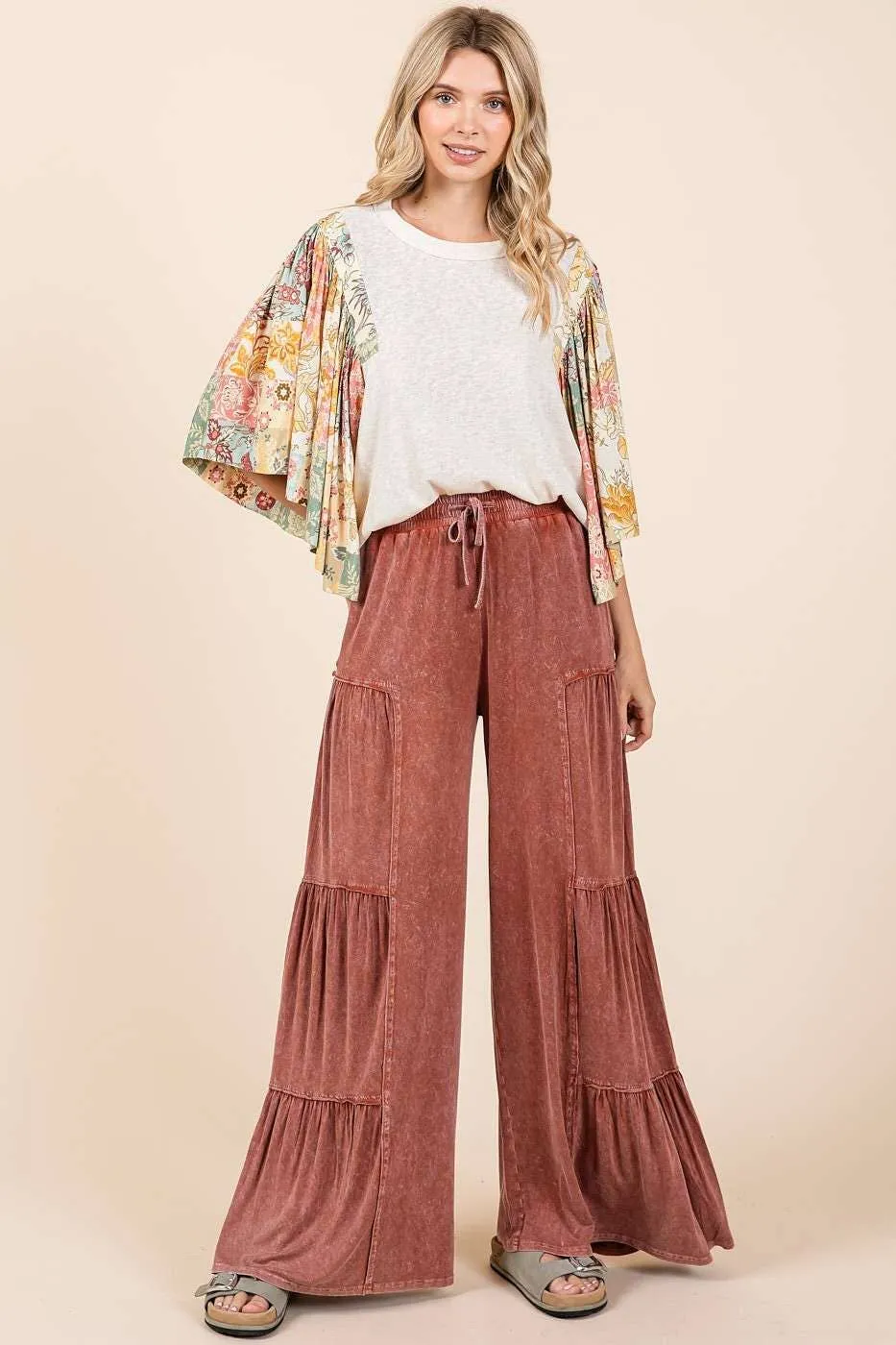 MINERAL WASH TIERED WIDE LEG ELASTIC WAIST PANTS