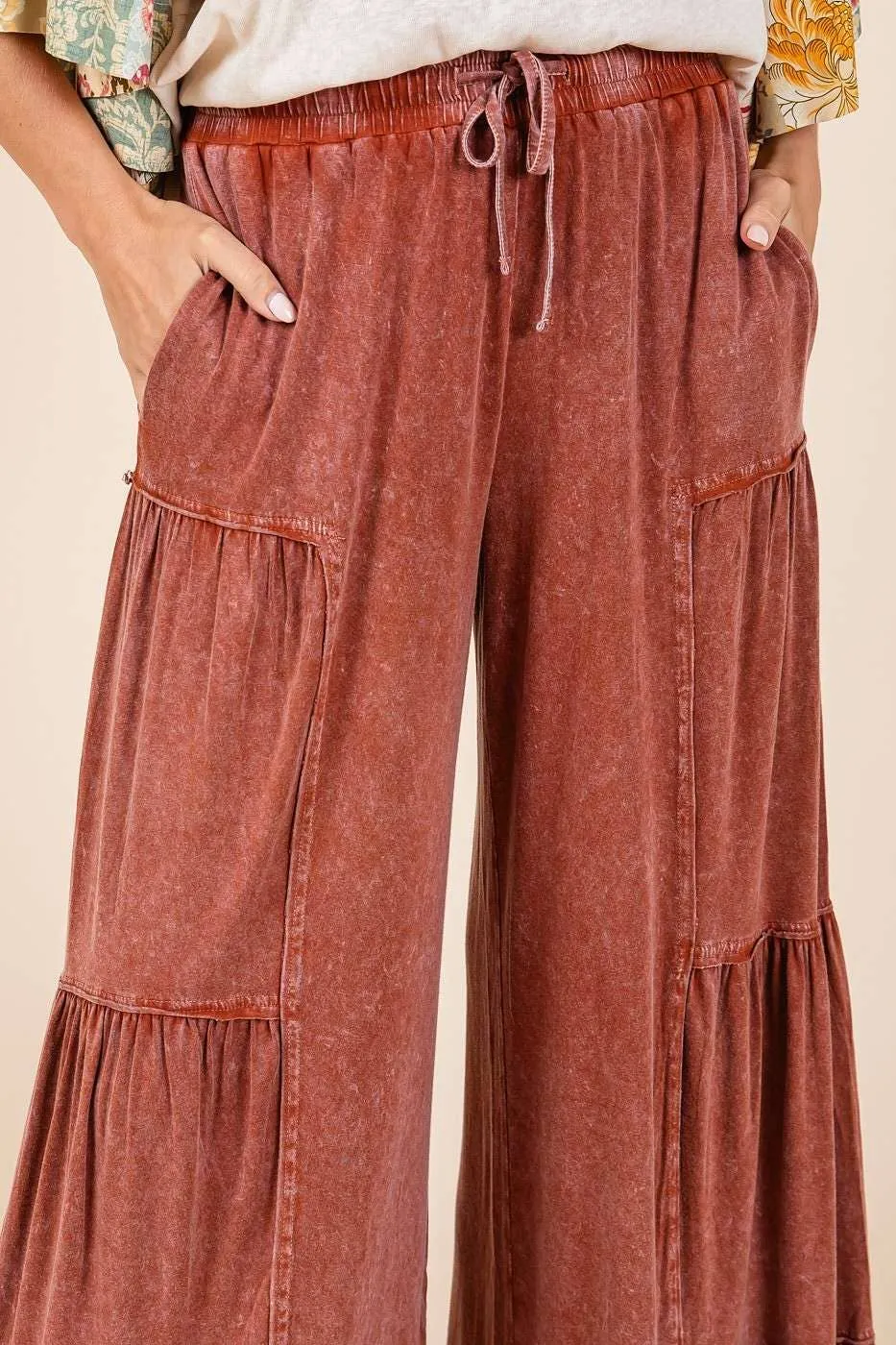 MINERAL WASH TIERED WIDE LEG ELASTIC WAIST PANTS