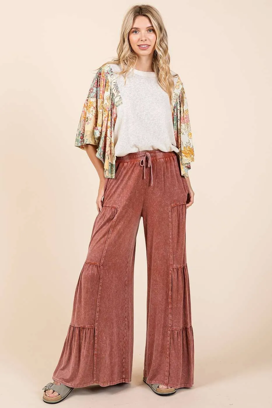 MINERAL WASH TIERED WIDE LEG ELASTIC WAIST PANTS