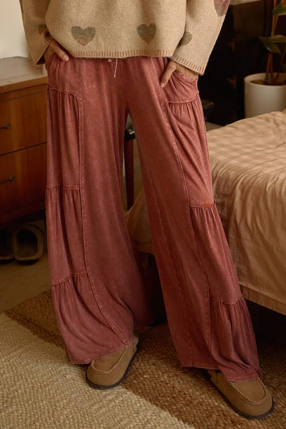 MINERAL WASH TIERED WIDE LEG ELASTIC WAIST PANTS
