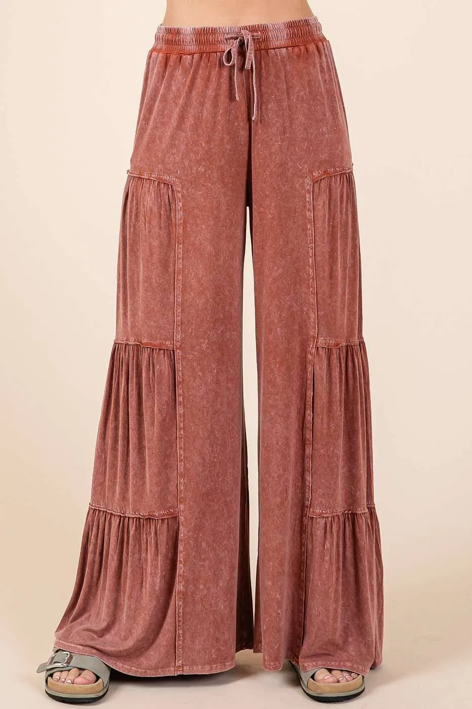 MINERAL WASH TIERED WIDE LEG ELASTIC WAIST PANTS
