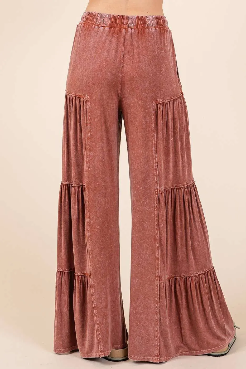 MINERAL WASH TIERED WIDE LEG ELASTIC WAIST PANTS