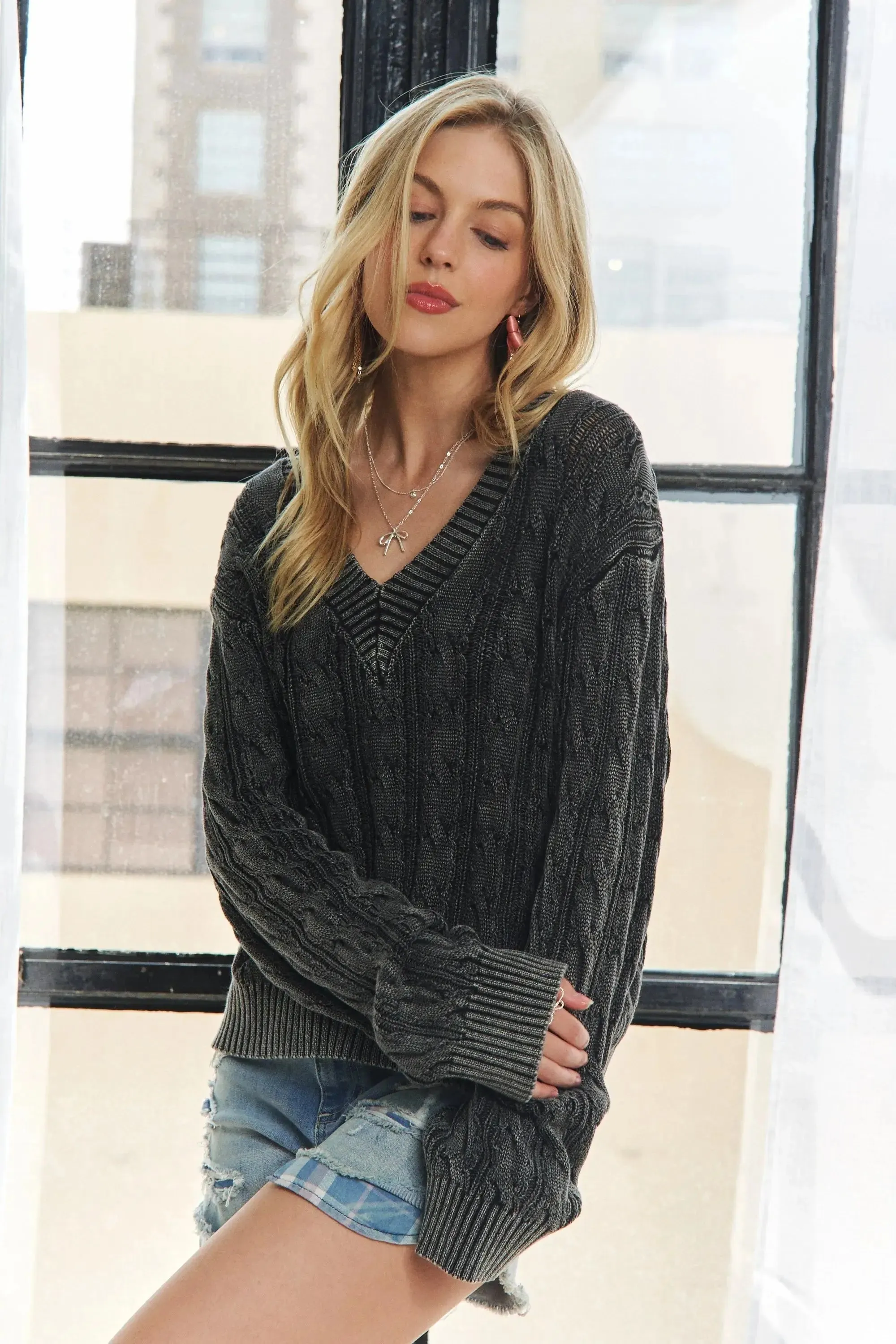 Mineral Washed Charcoal Sweater Top – Versatile Vintage-Inspired Comfort
