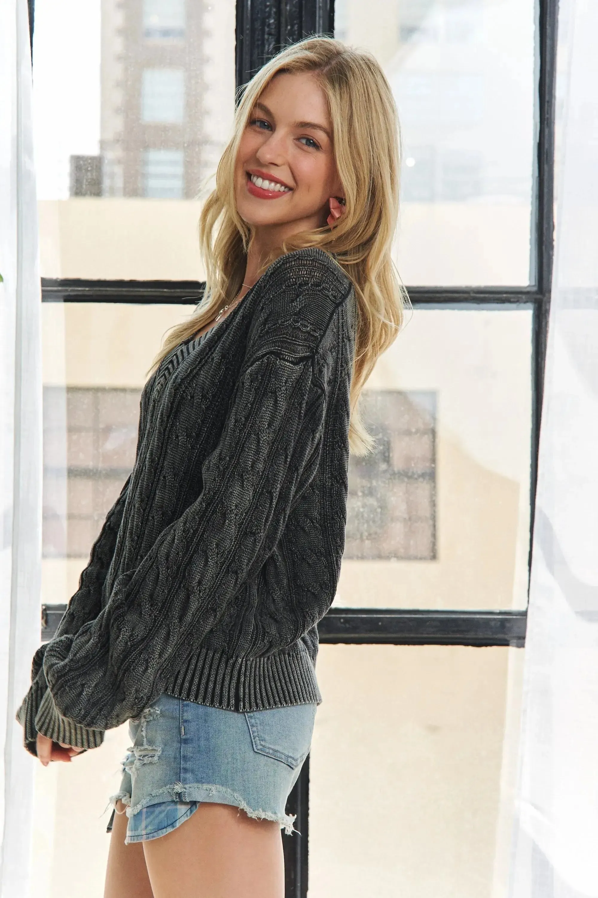 Mineral Washed Charcoal Sweater Top – Versatile Vintage-Inspired Comfort