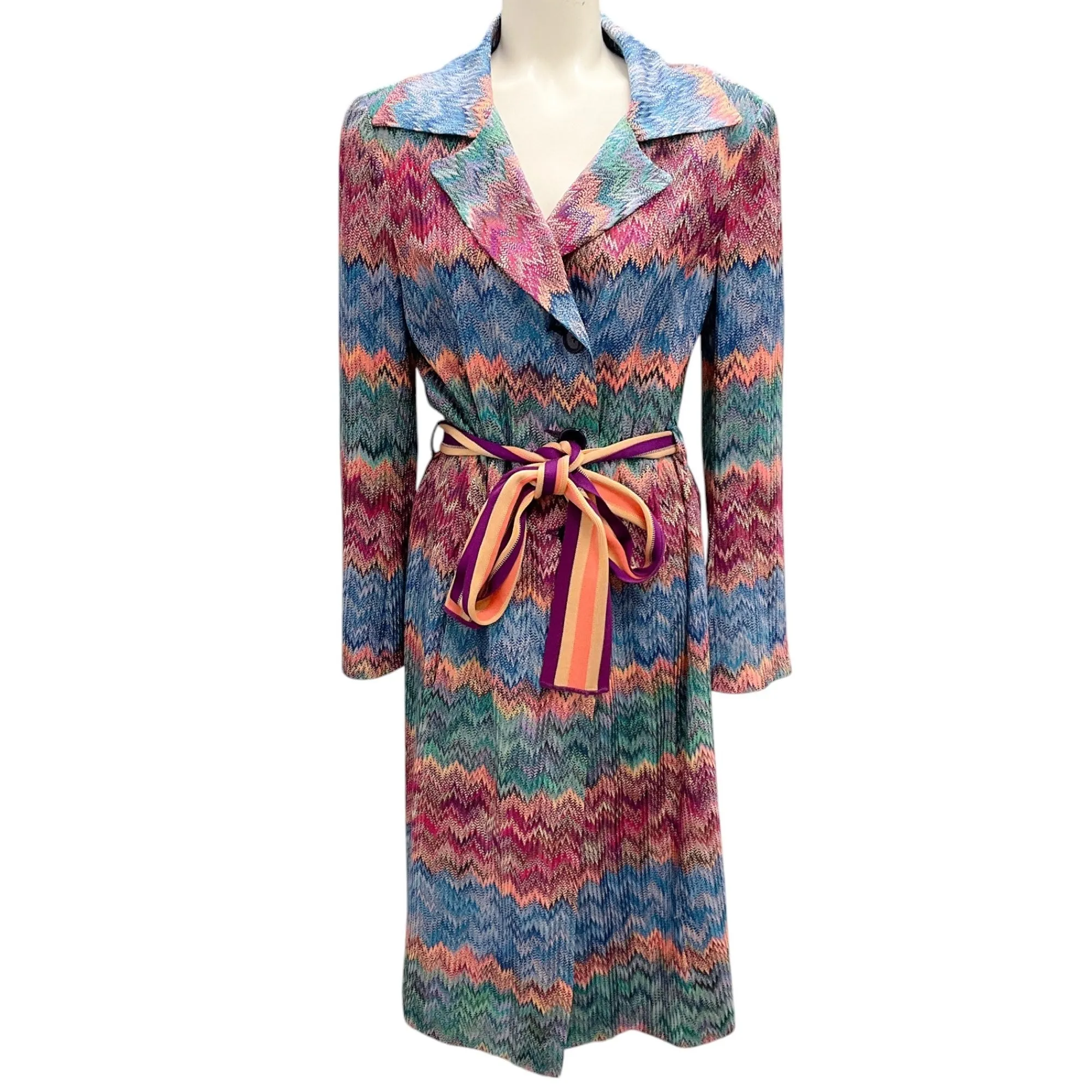 Missoni Blue / Pink Multi Belted Zig Zag Knit Coat