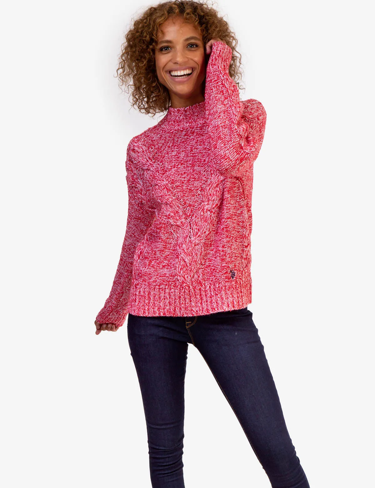 MOCK NECK MARLED CABLE KNIT SWEATER