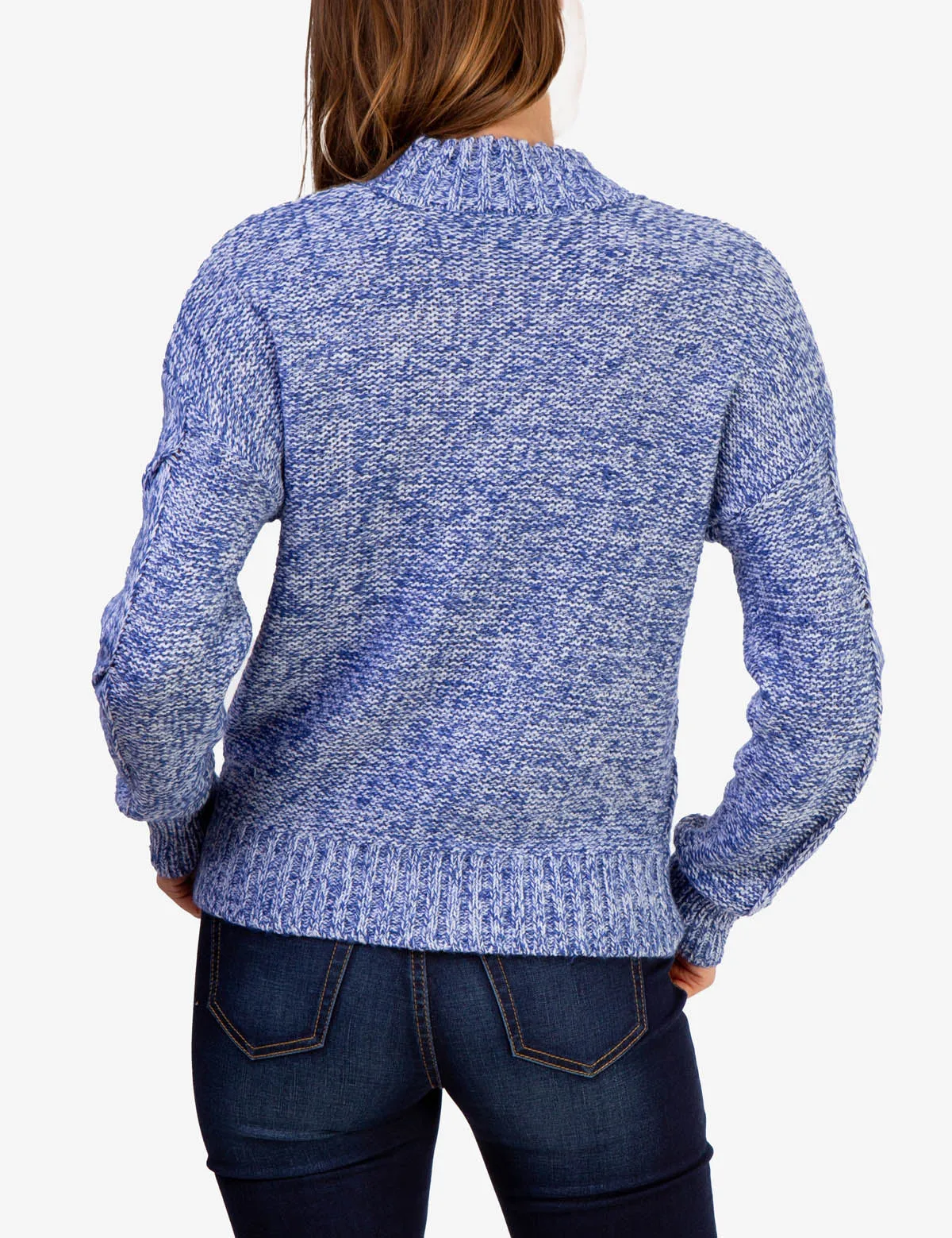 MOCK NECK MARLED CABLE KNIT SWEATER
