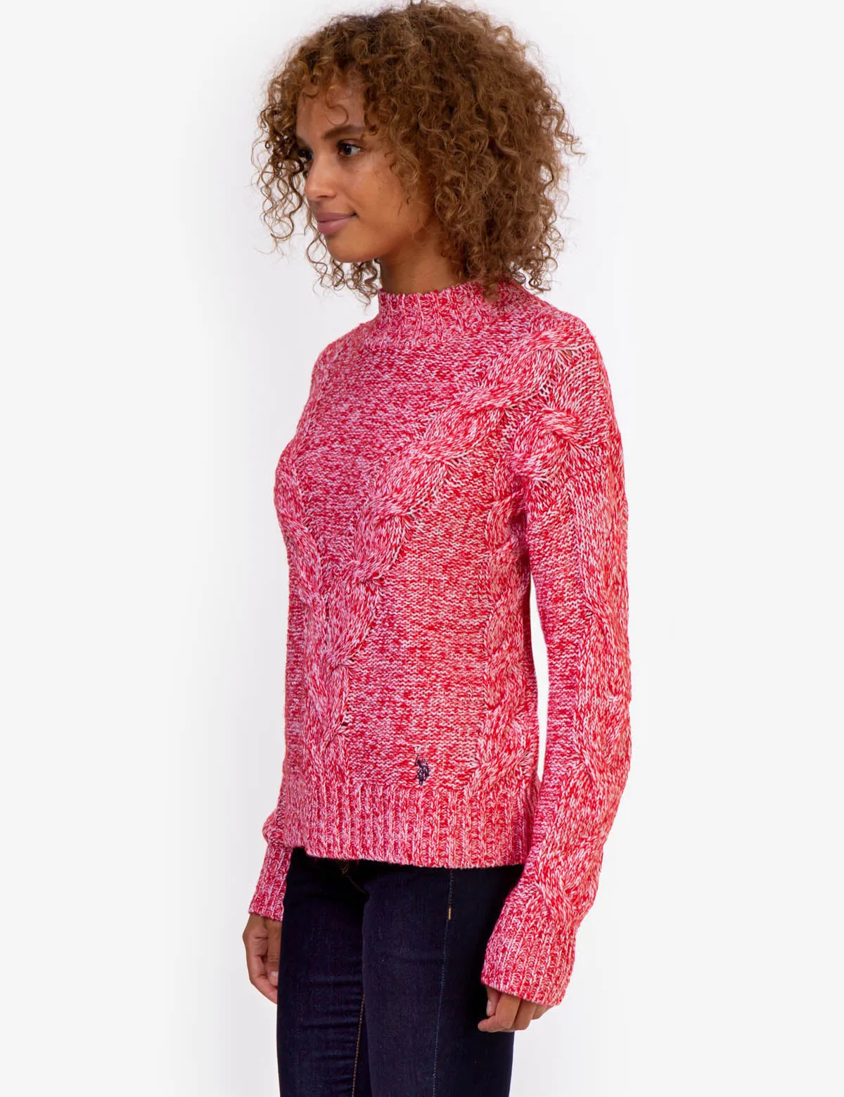 MOCK NECK MARLED CABLE KNIT SWEATER