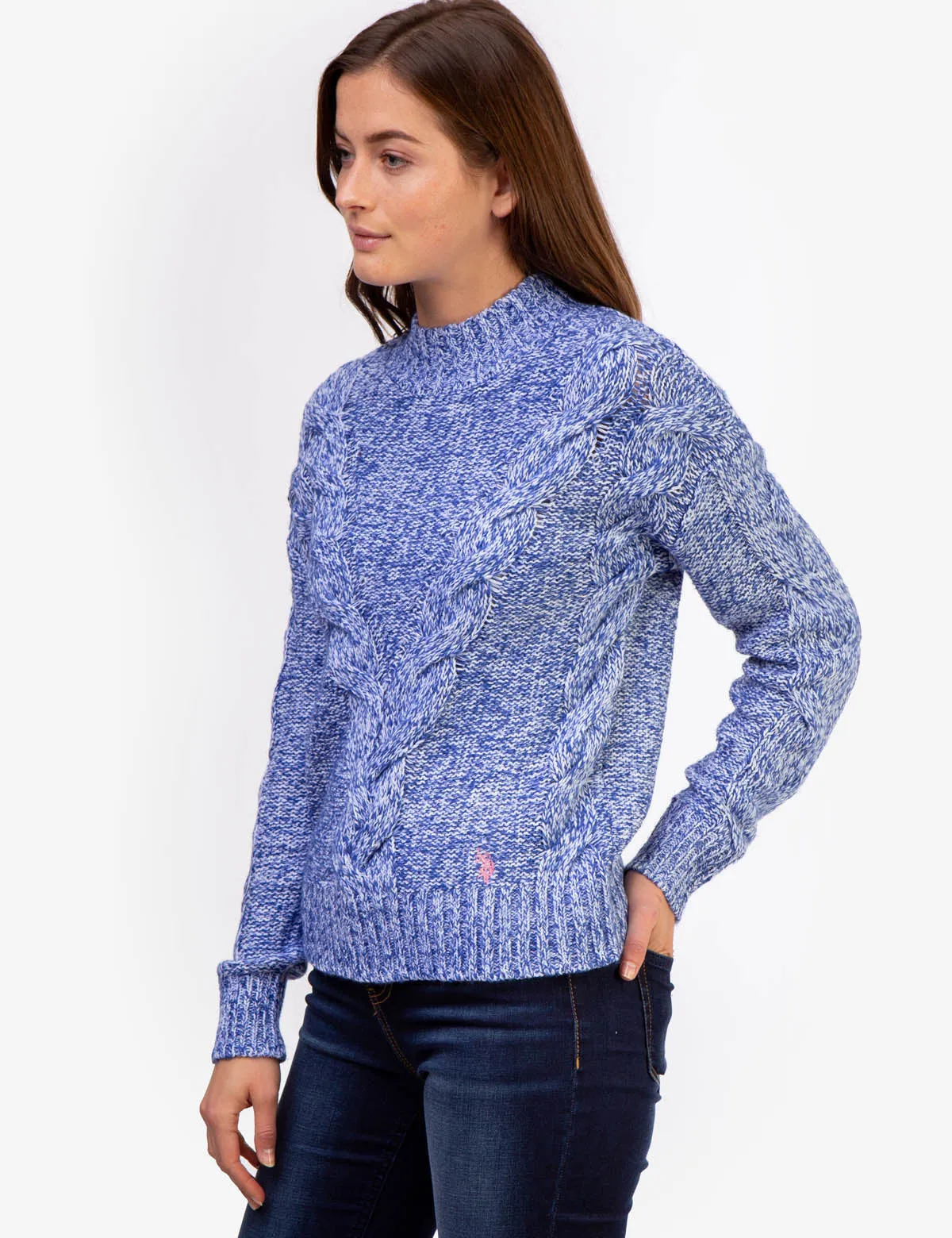 MOCK NECK MARLED CABLE KNIT SWEATER