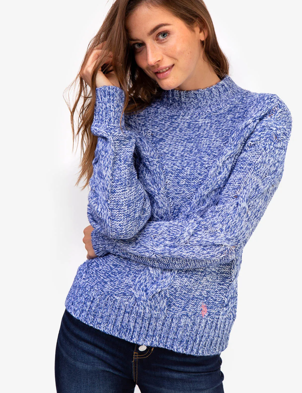 MOCK NECK MARLED CABLE KNIT SWEATER