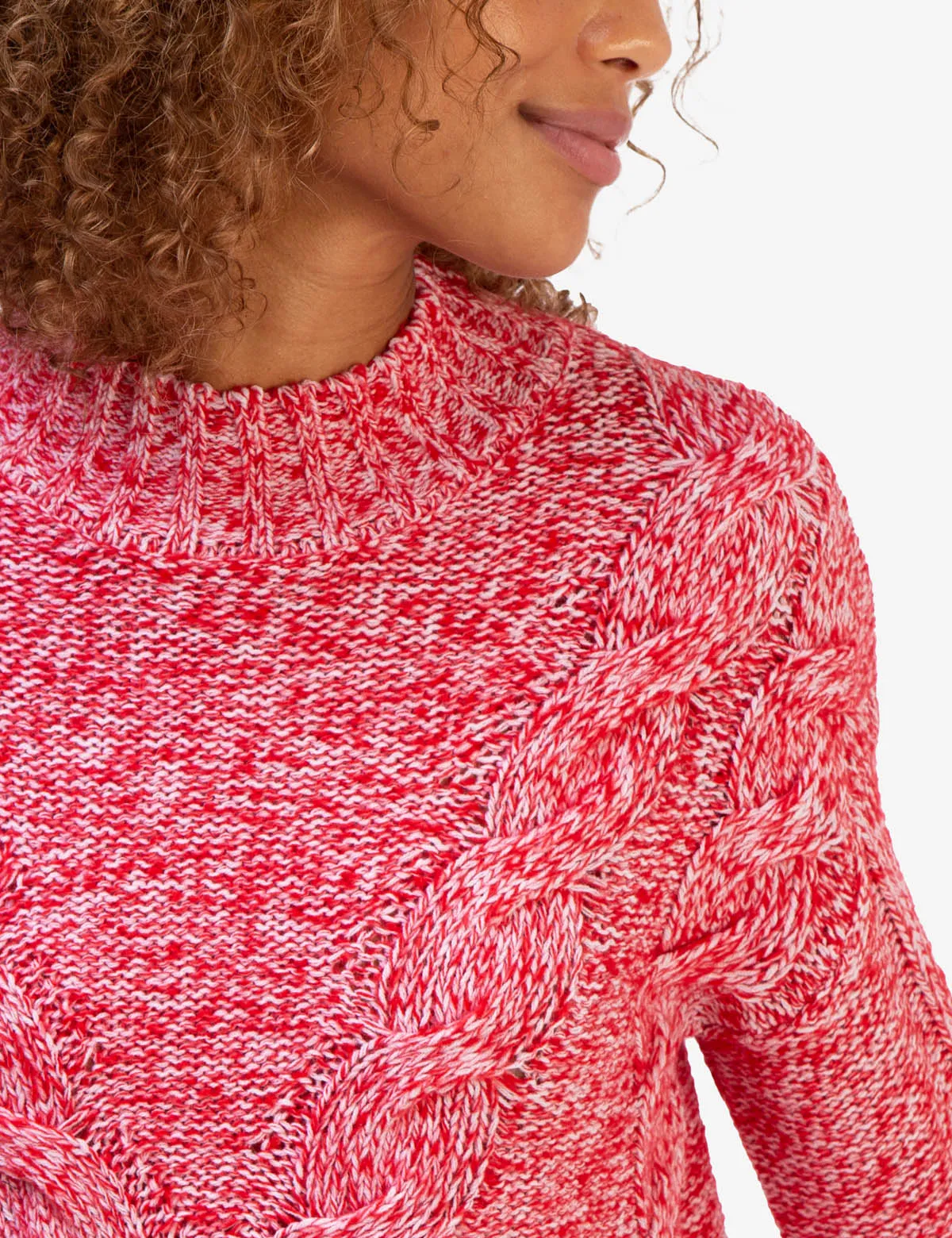 MOCK NECK MARLED CABLE KNIT SWEATER