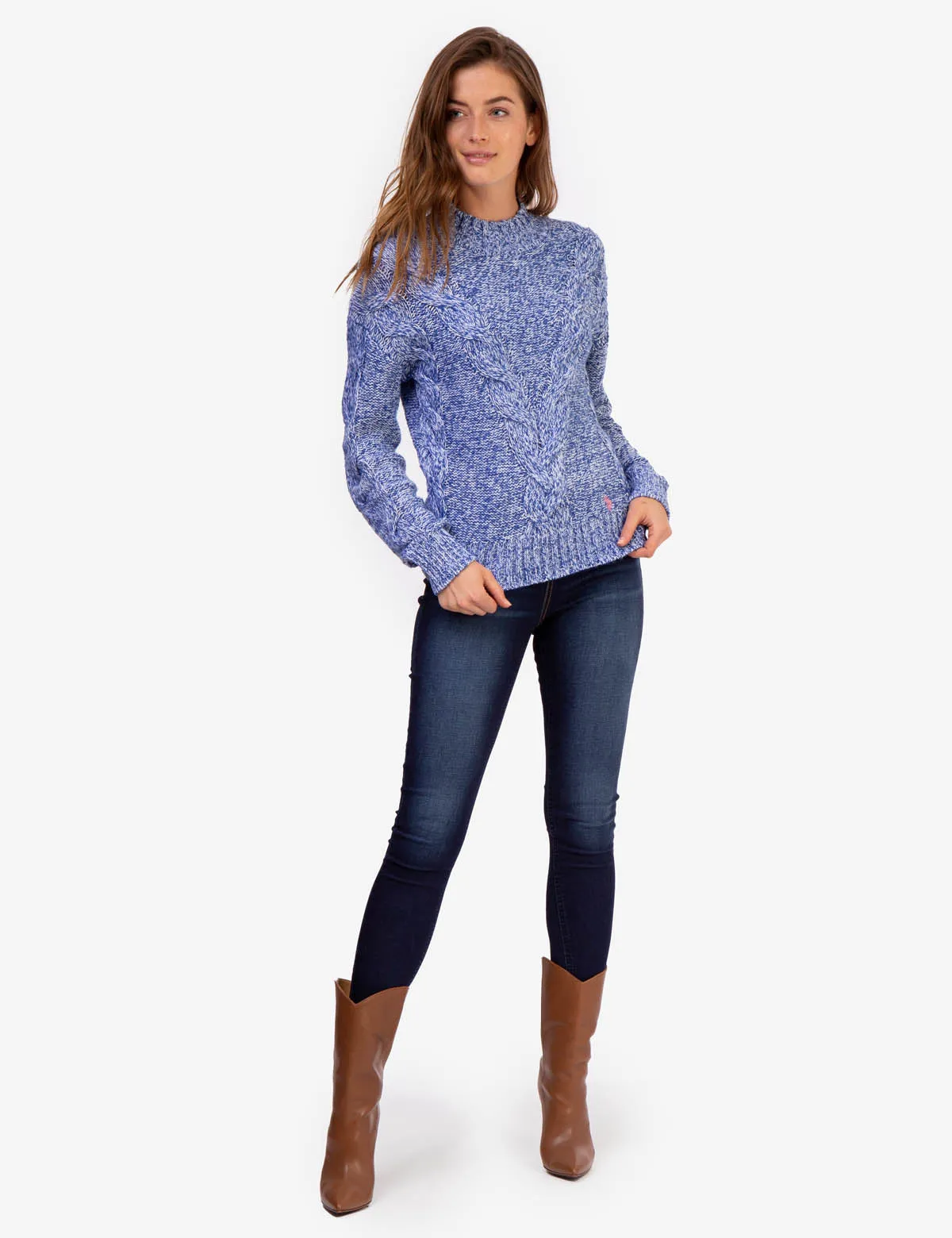 MOCK NECK MARLED CABLE KNIT SWEATER