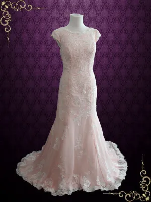 Modest Pink Chiffon Lace Wedding Dress with Cap Sleeves | Tania