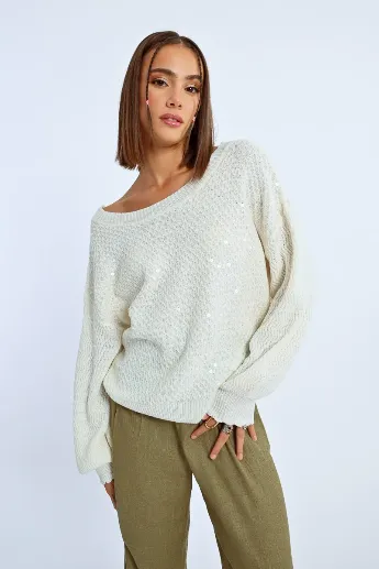 Molly Bracken Off White Oversized Sequin Knit Sweater