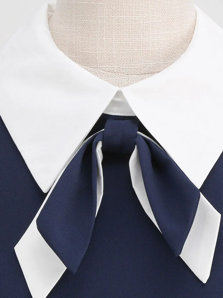 Navy Cotton Plaid Short Sleeve Cravat Tie 1950S Vintage Dress