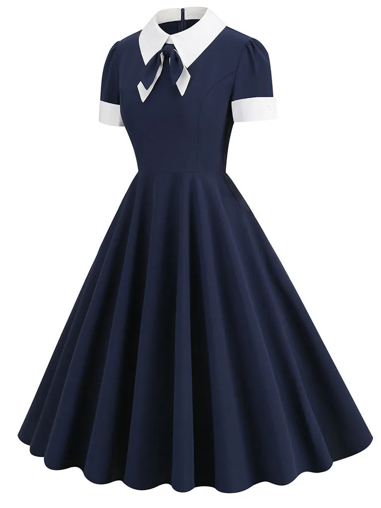 Navy Cotton Plaid Short Sleeve Cravat Tie 1950S Vintage Dress