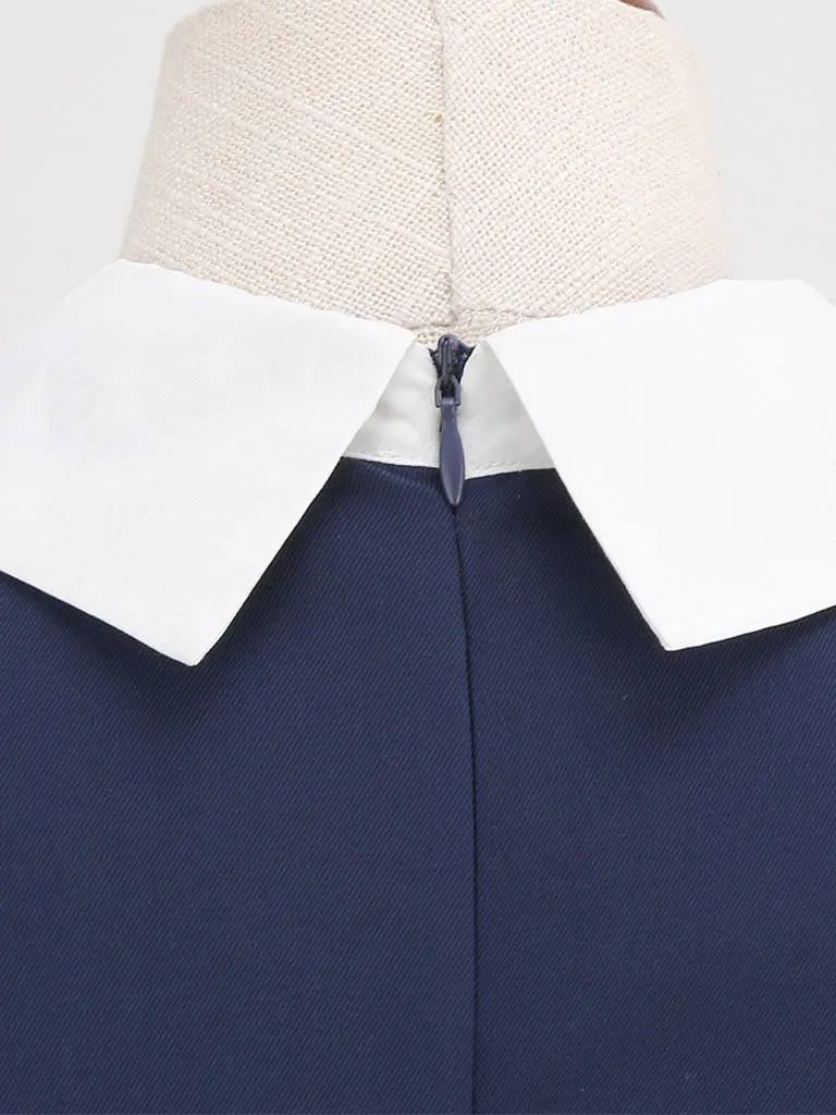 Navy Cotton Plaid Short Sleeve Cravat Tie 1950S Vintage Dress