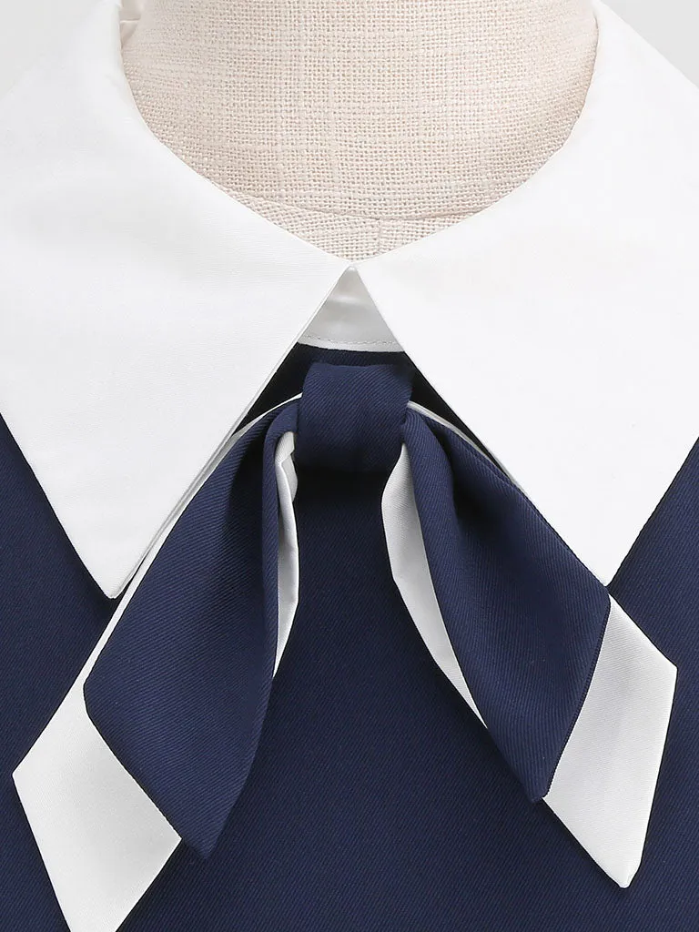 Navy Cotton Plaid Short Sleeve Cravat Tie 1950S Vintage Dress