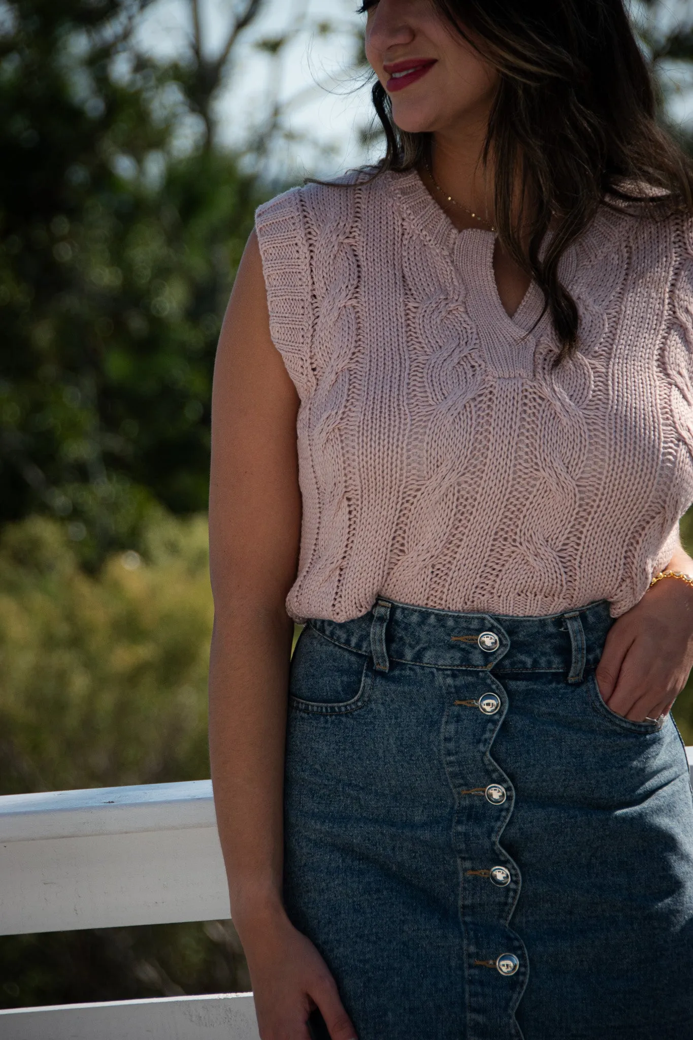 Notched Neck Cable Knit Sweater Vest