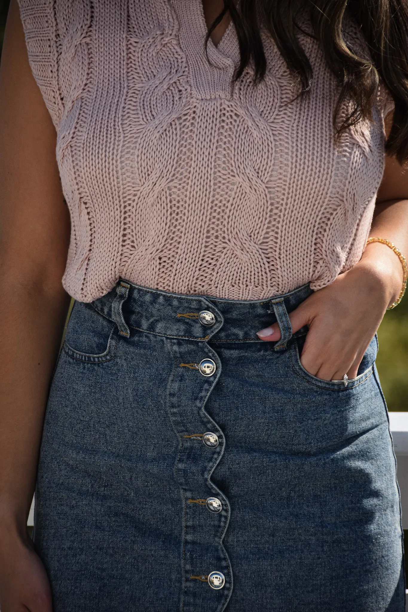 Notched Neck Cable Knit Sweater Vest