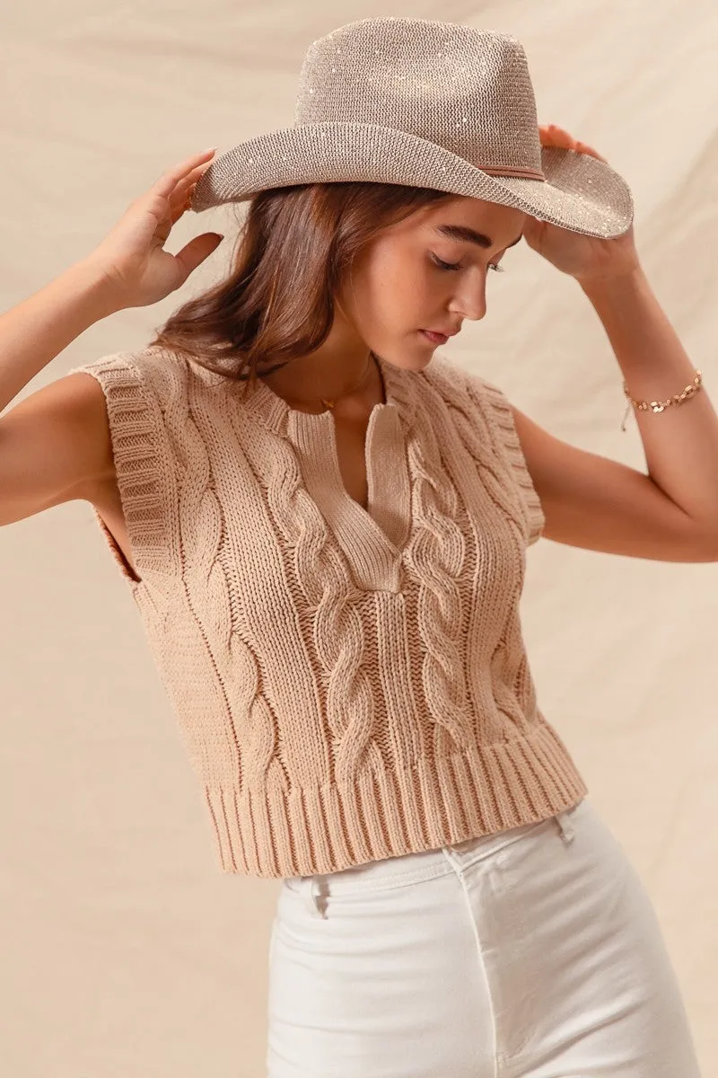 Notched Neck Cable Knit Sweater Vest