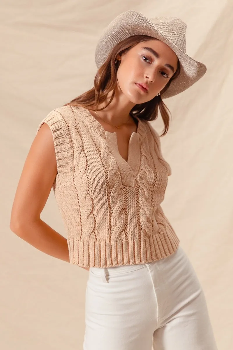 Notched Neck Cable Knit Sweater Vest