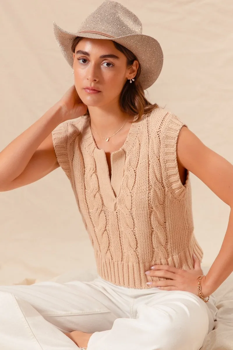 Notched Neck Cable Knit Sweater Vest