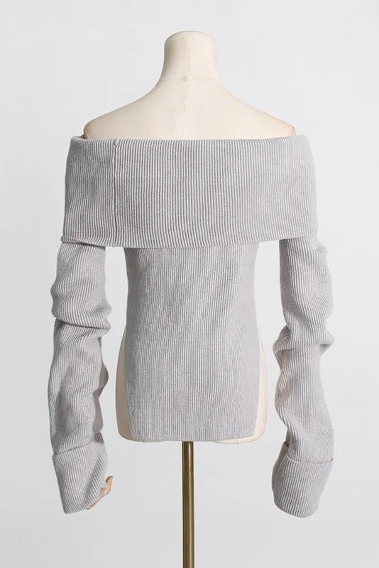 OFF SHOULDER KNIT CROPPED SWEATER - Gray