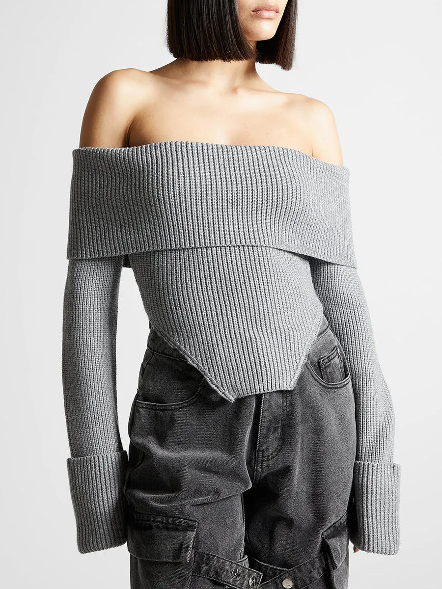 OFF SHOULDER KNIT CROPPED SWEATER - Gray