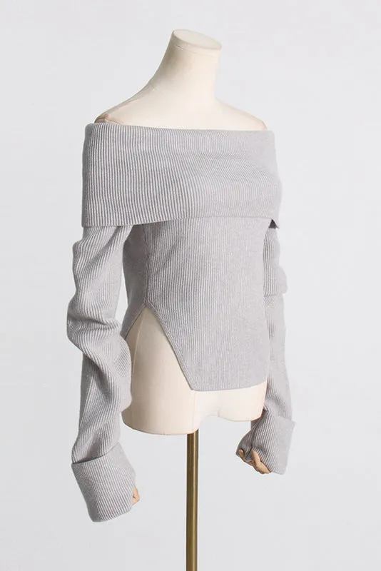 OFF SHOULDER KNIT CROPPED SWEATER - Gray
