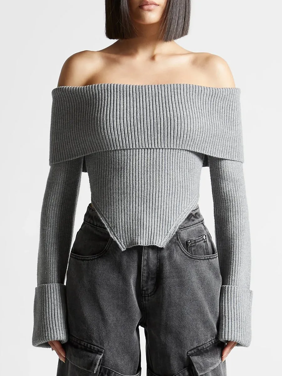 OFF SHOULDER KNIT CROPPED SWEATER - Gray