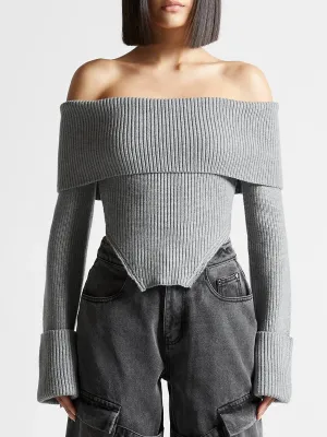 OFF SHOULDER KNIT CROPPED SWEATER - Gray