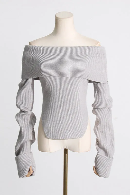 OFF SHOULDER KNIT CROPPED SWEATER - Gray