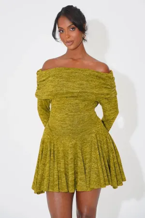 Off Shoulder Long Sleeve Semi-Fitted Pleated Hem Knit Mini Dresses-Green