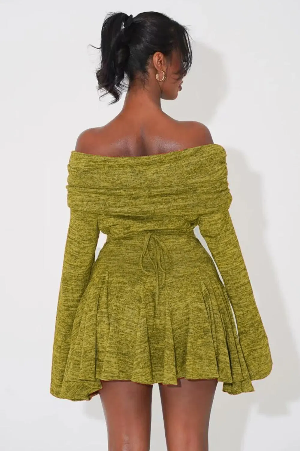 Off Shoulder Long Sleeve Semi-Fitted Pleated Hem Knit Mini Dresses-Green