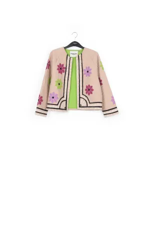 Off-white quilted jacket with flower patches