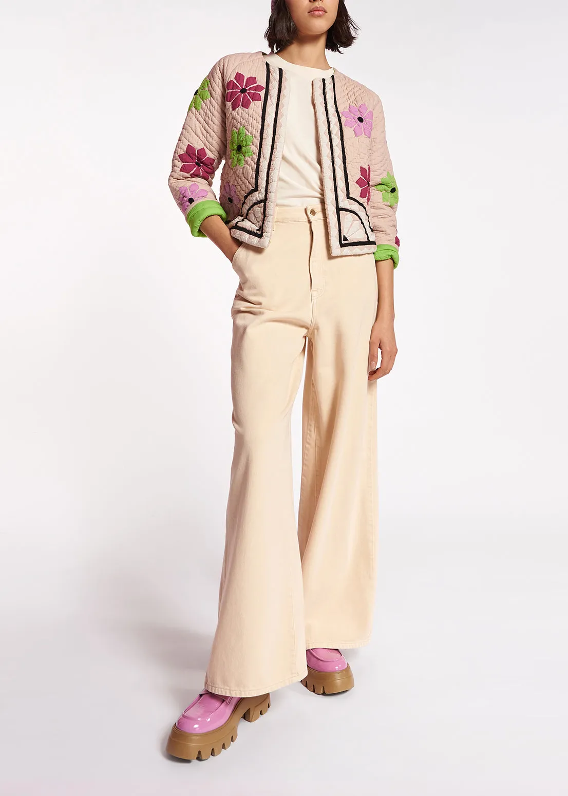 Off-white quilted jacket with flower patches
